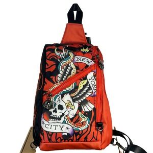 Ed Hardy Sling Backpack Unisex Red Black New York City Skull Eagle Tattoo NWT
